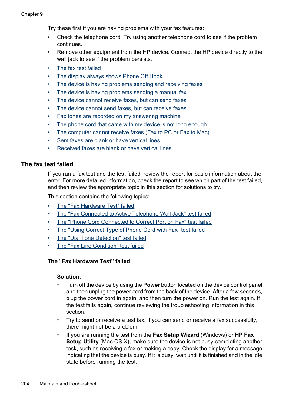 The fax test failed | HP Officejet 6500 User Manual | Page 208 / 294