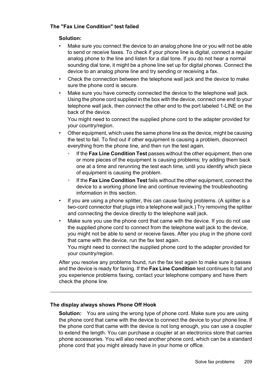 The display always shows phone off hook, The "fax line condition" test failed | HP Officejet 6500 User Manual | Page 213 / 294