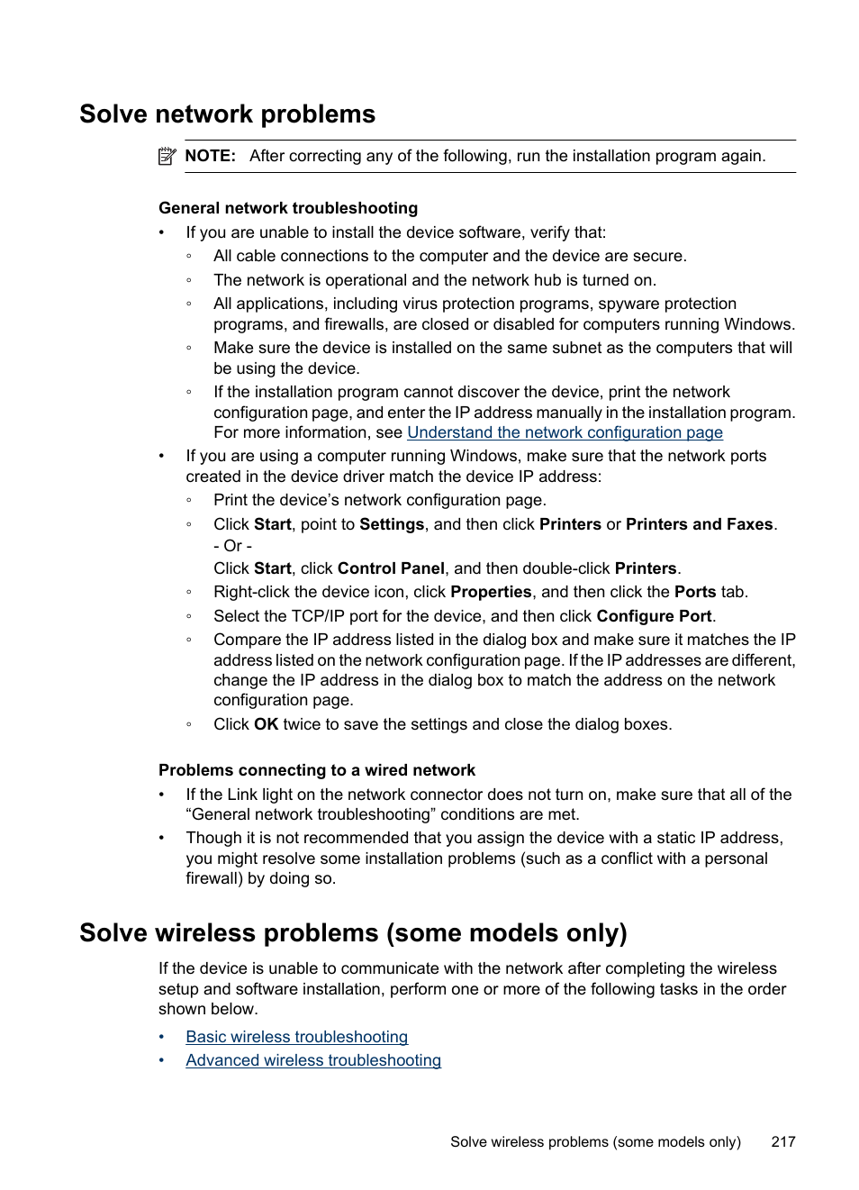 Solve network problems, Solve wireless problems (some models only), Solve wireless problems (some models | Only) | HP Officejet 6500 User Manual | Page 221 / 294