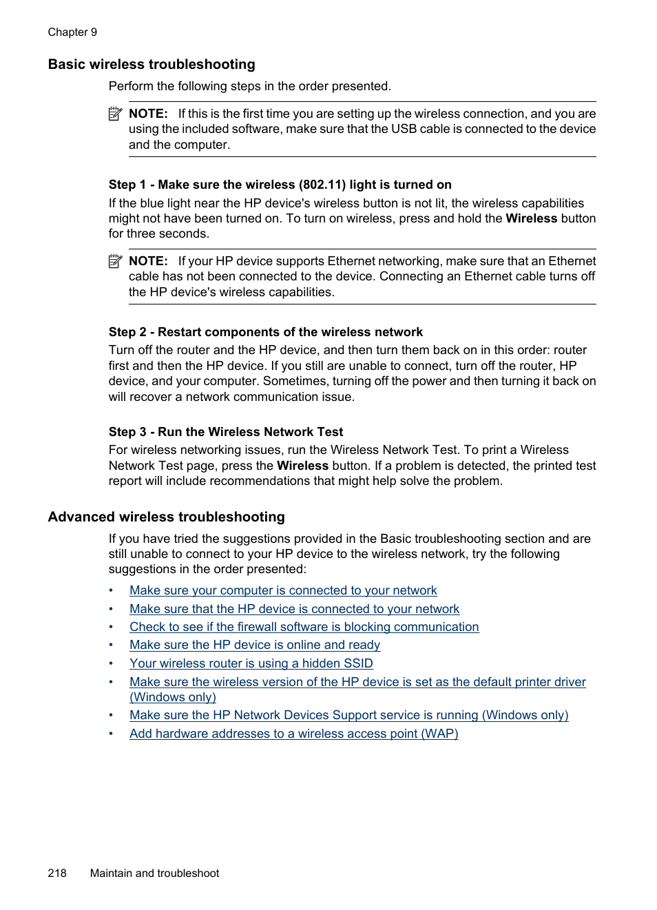 Basic wireless troubleshooting, Advanced wireless troubleshooting | HP Officejet 6500 User Manual | Page 222 / 294