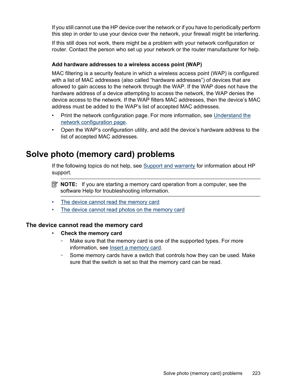 Solve photo (memory card) problems, The device cannot read the memory card | HP Officejet 6500 User Manual | Page 227 / 294