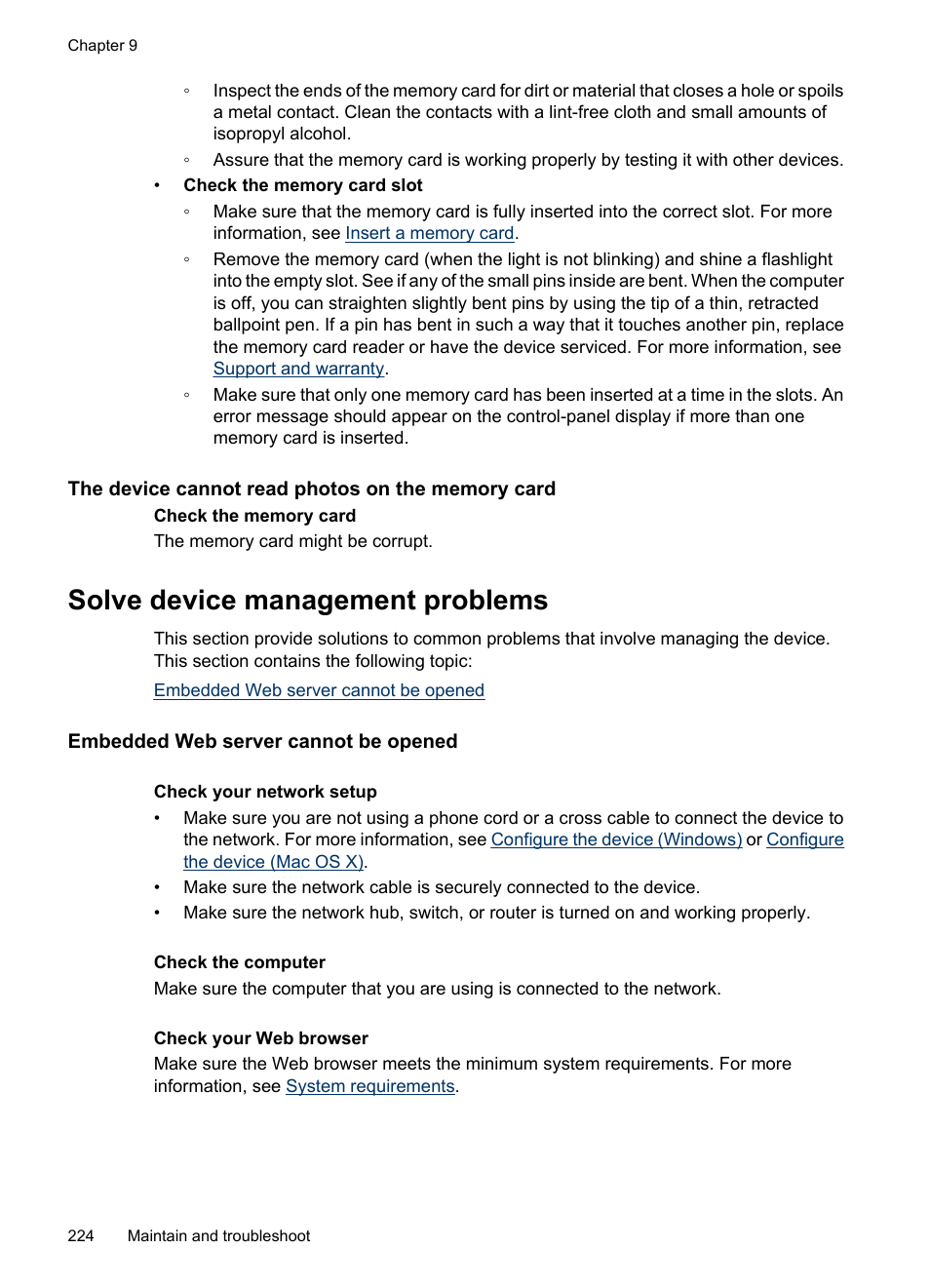 The device cannot read photos on the memory card, Solve device management problems, Embedded web server cannot be opened | HP Officejet 6500 User Manual | Page 228 / 294