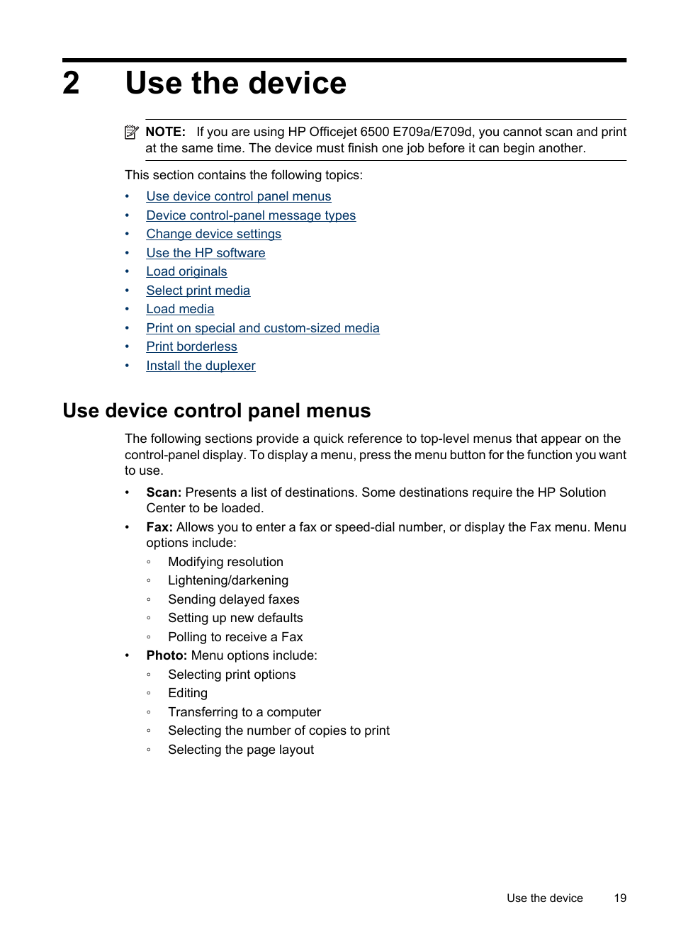 Use the device, Use device control panel menus, 2 use the device | 2use the device | HP Officejet 6500 User Manual | Page 23 / 294