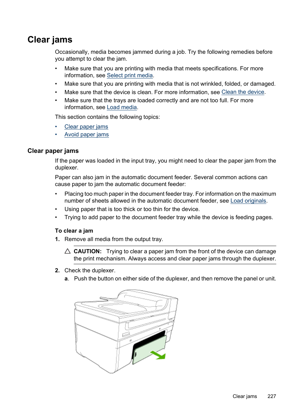 Clear jams, Clear paper jams, Clear paper jams avoid paper jams | HP Officejet 6500 User Manual | Page 231 / 294