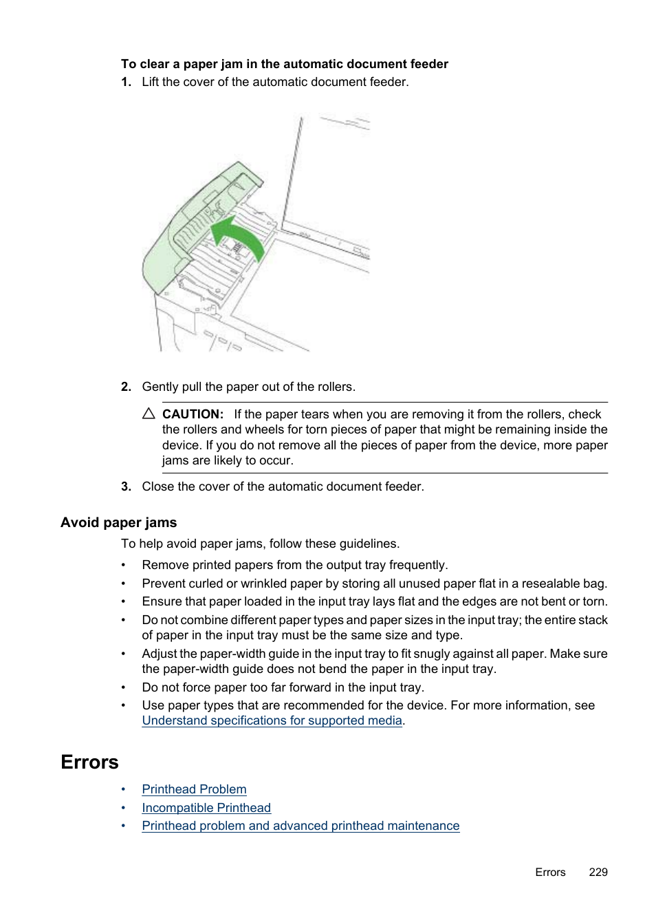 Avoid paper jams, Errors, Fax memory full device disconnected ink alert | Cartridge problem | HP Officejet 6500 User Manual | Page 233 / 294