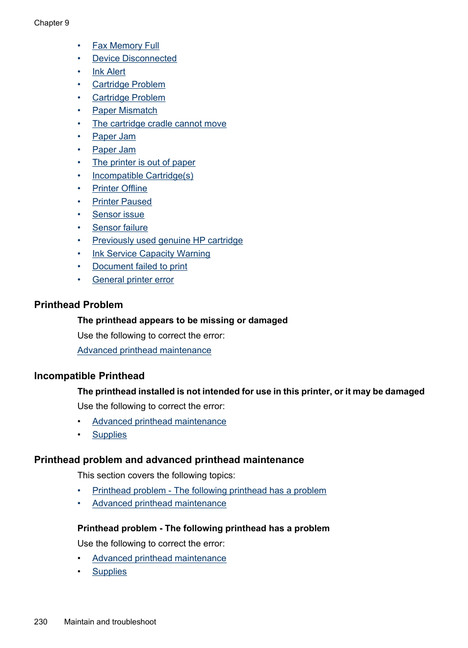 Printhead problem, Incompatible printhead | HP Officejet 6500 User Manual | Page 234 / 294