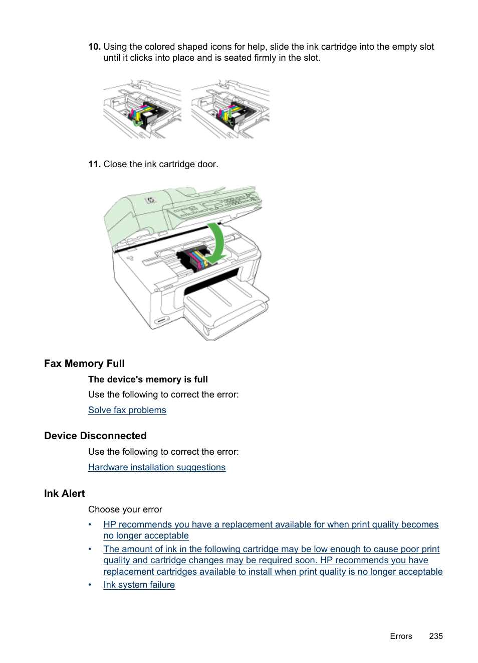 Fax memory full, Device disconnected, Ink alert | HP Officejet 6500 User Manual | Page 239 / 294