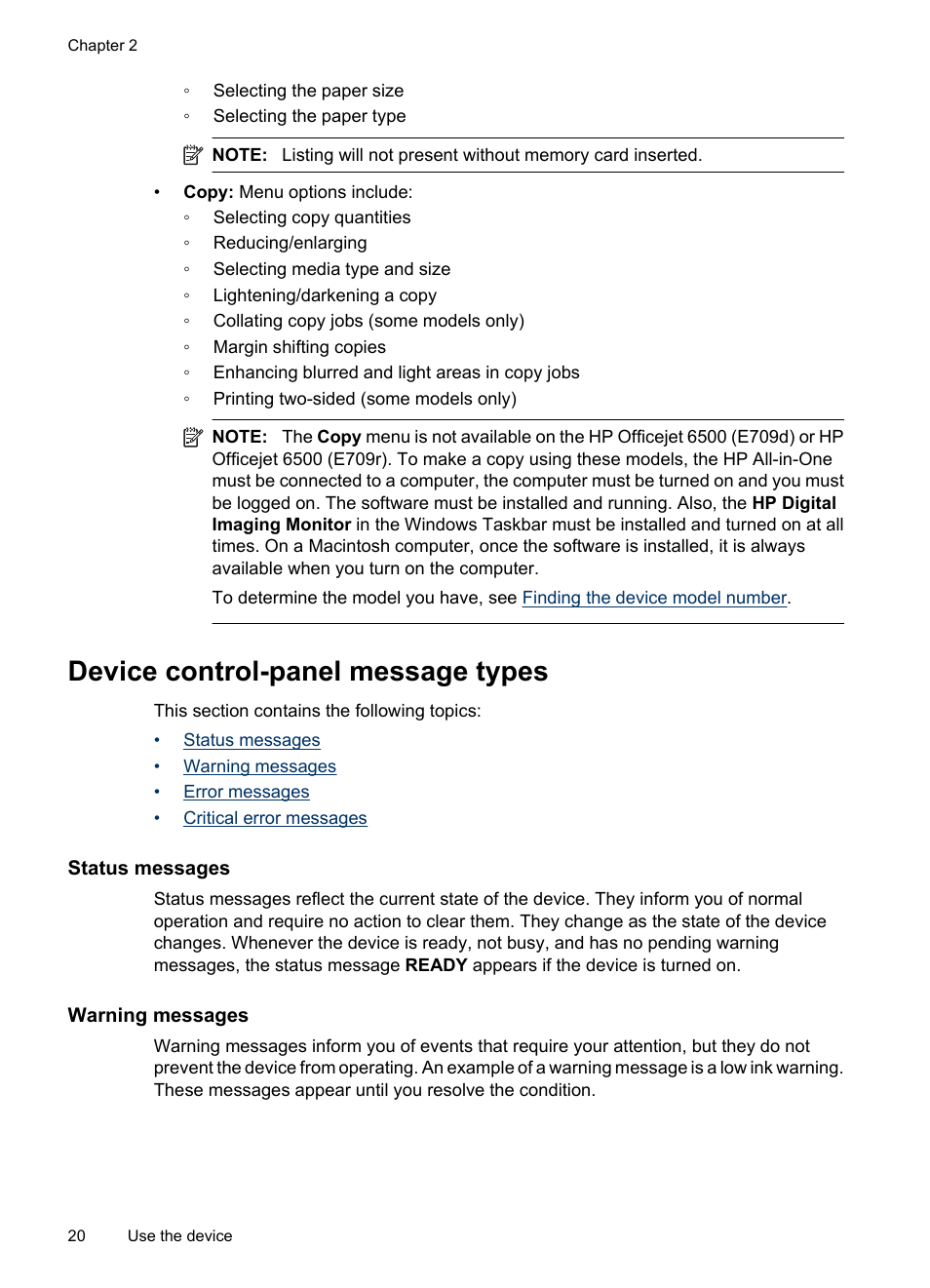 Device control-panel message types, Status messages, Warning messages | HP Officejet 6500 User Manual | Page 24 / 294