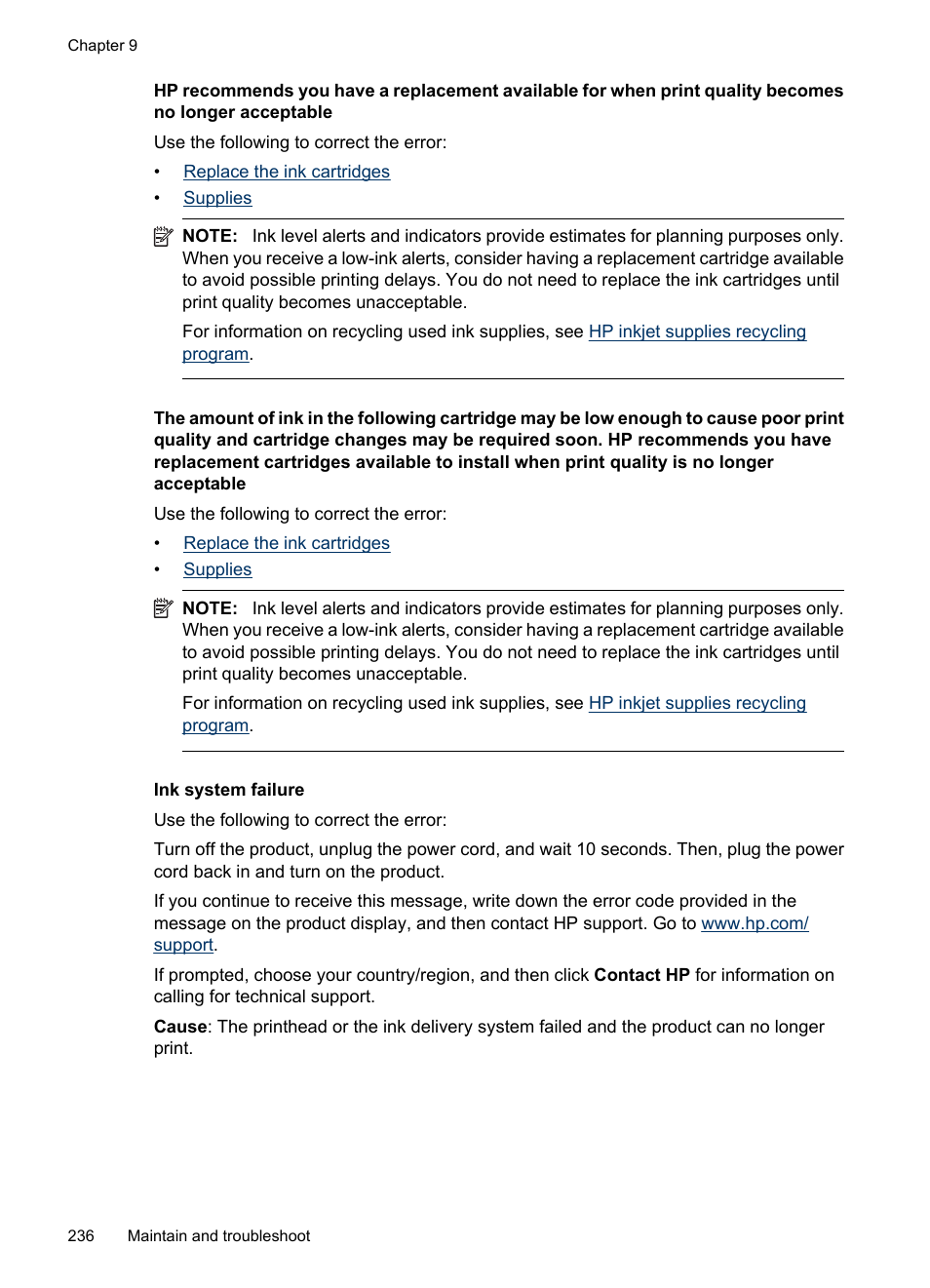 Ink system failure | HP Officejet 6500 User Manual | Page 240 / 294