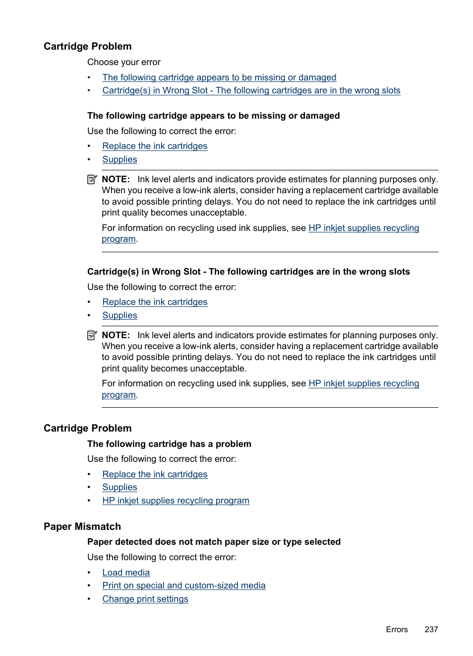 Cartridge problem, Paper mismatch | HP Officejet 6500 User Manual | Page 241 / 294