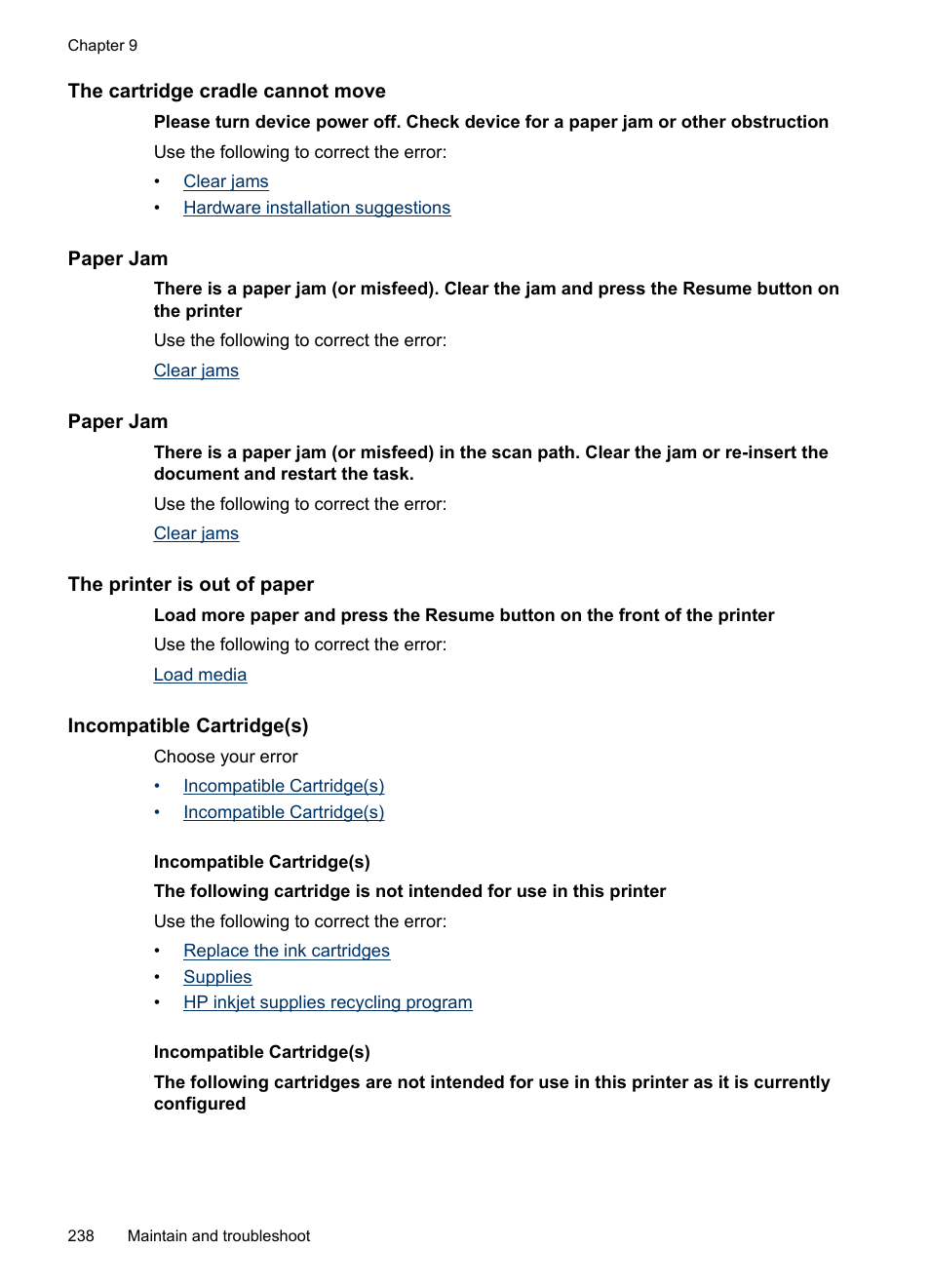 The cartridge cradle cannot move, Paper jam, The printer is out of paper | Incompatible cartridge(s) | HP Officejet 6500 User Manual | Page 242 / 294