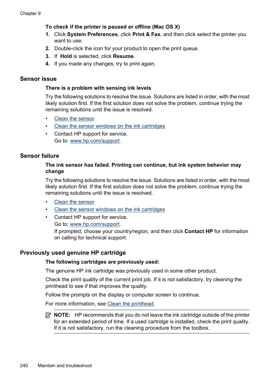 Sensor issue, Sensor failure, Previously used genuine hp cartridge | HP Officejet 6500 User Manual | Page 244 / 294