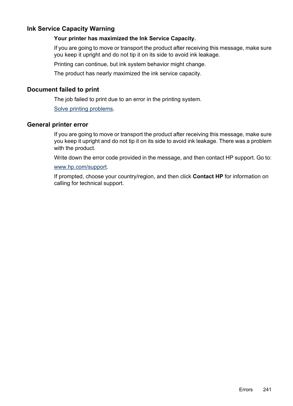 Ink service capacity warning, Document failed to print, General printer error | HP Officejet 6500 User Manual | Page 245 / 294