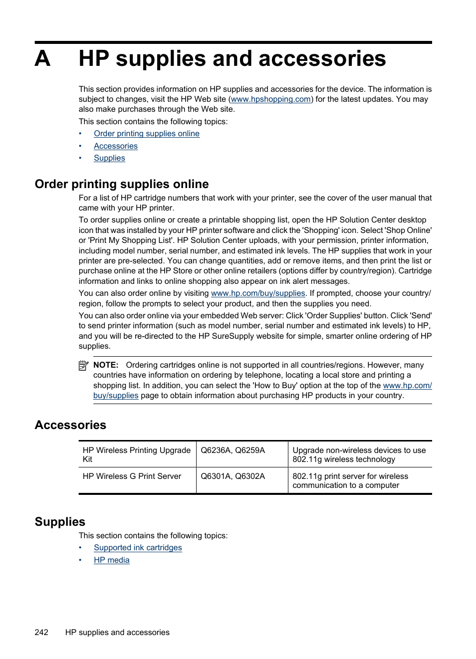 Hp supplies and accessories, Order printing supplies online, Accessories | Supplies, A hp supplies and accessories, Supported ink cartridges hp media, Ahp supplies and accessories | HP Officejet 6500 User Manual | Page 246 / 294