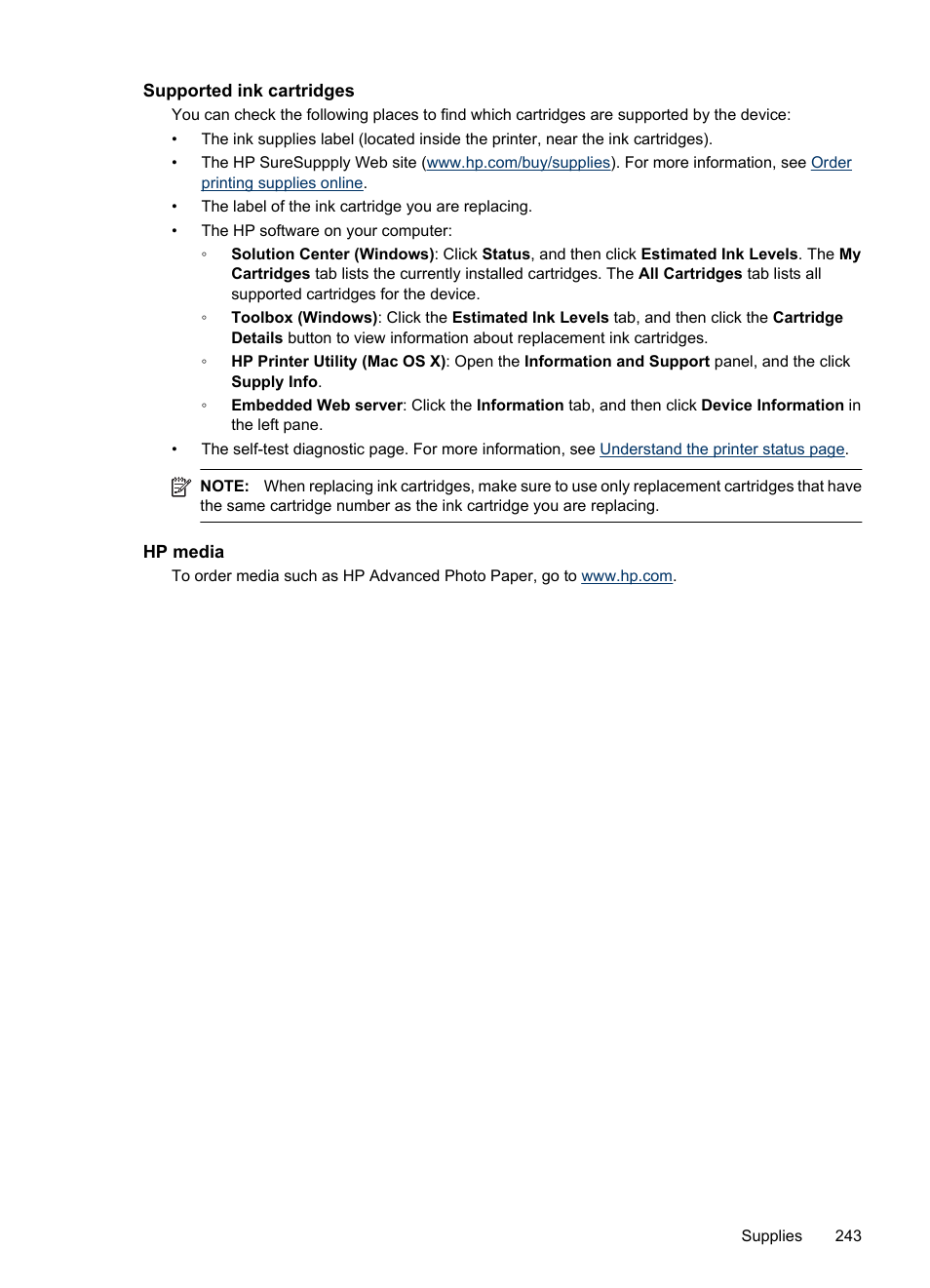 Supported ink cartridges, Hp media | HP Officejet 6500 User Manual | Page 247 / 294