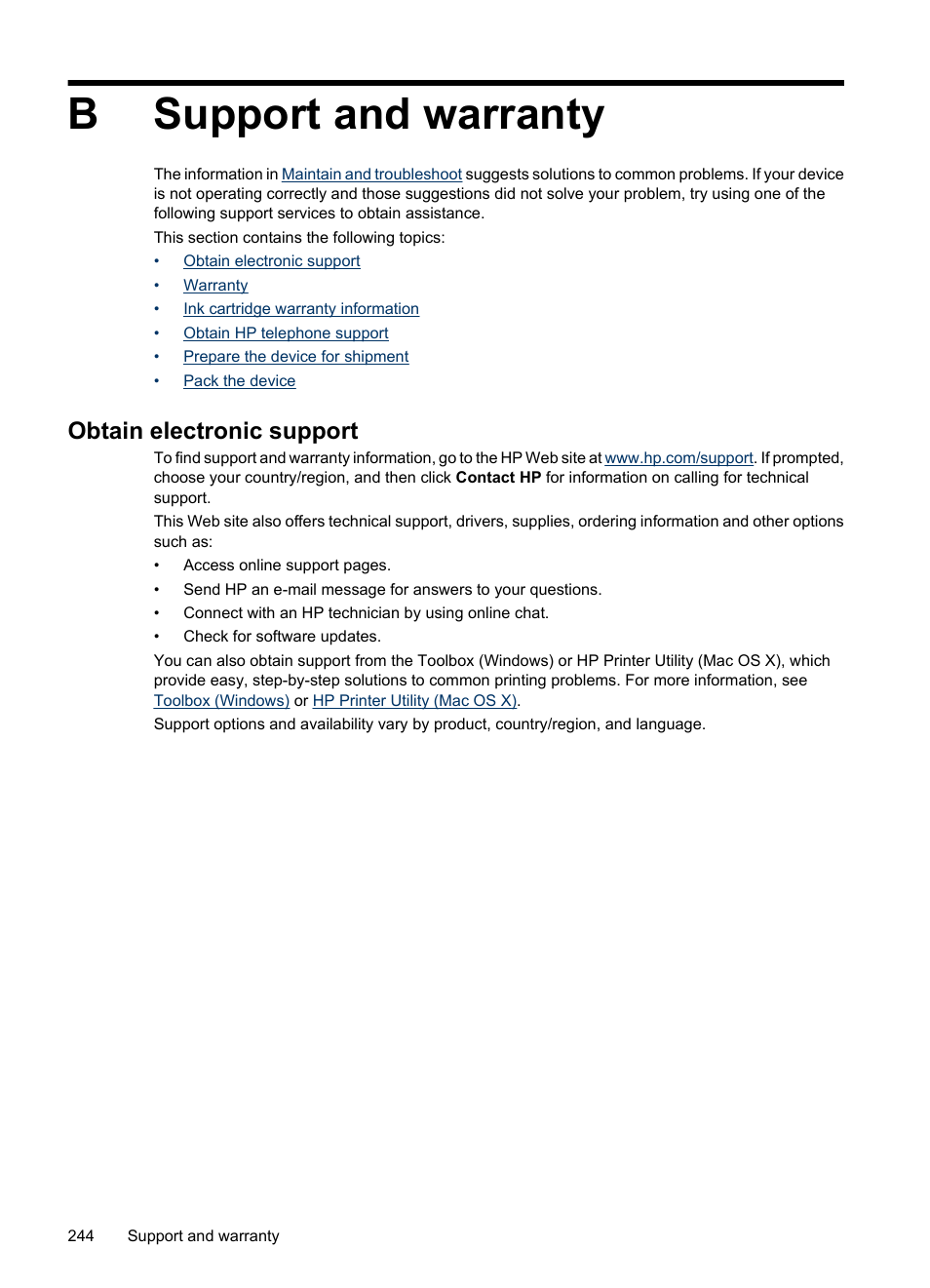 Support and warranty, Obtain electronic support, B support and warranty | Support and, Warranty, Bsupport and warranty | HP Officejet 6500 User Manual | Page 248 / 294