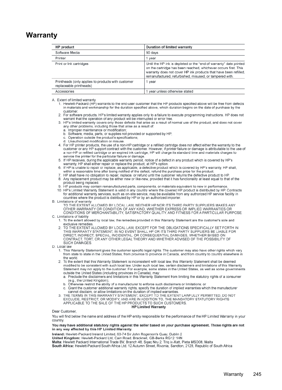 Warranty | HP Officejet 6500 User Manual | Page 249 / 294