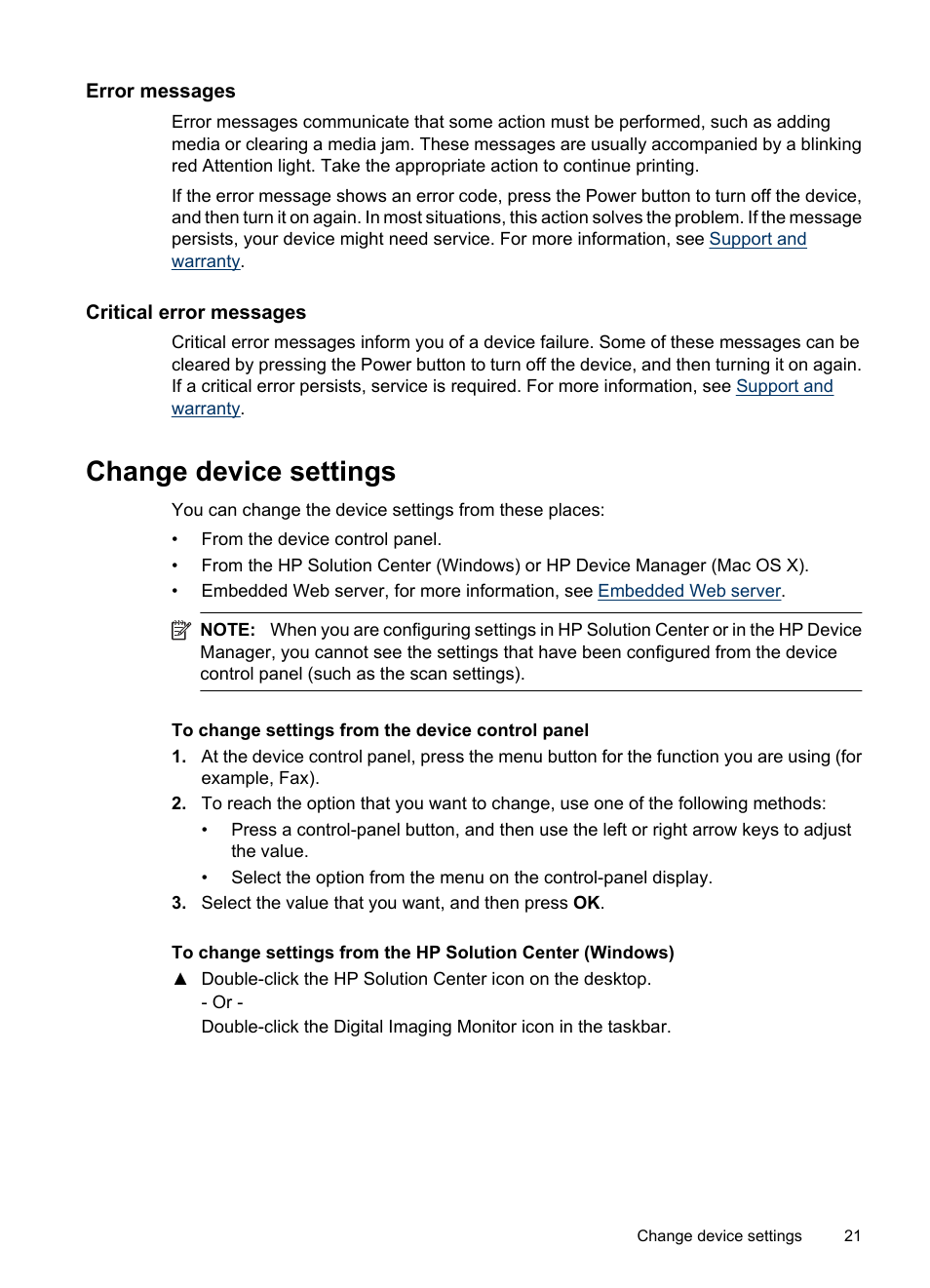 Error messages, Critical error messages, Change device settings | HP Officejet 6500 User Manual | Page 25 / 294