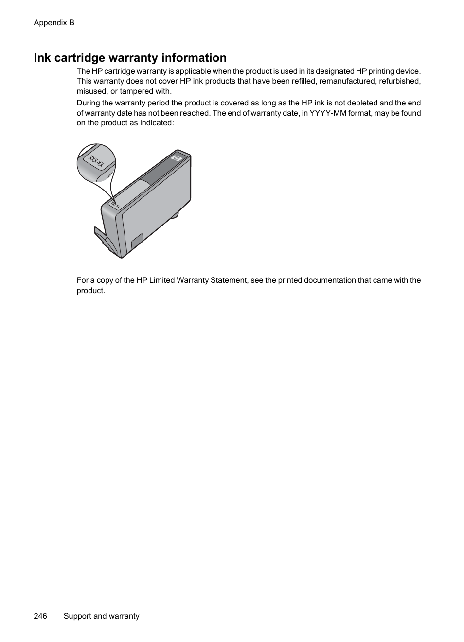 Ink cartridge warranty information | HP Officejet 6500 User Manual | Page 250 / 294