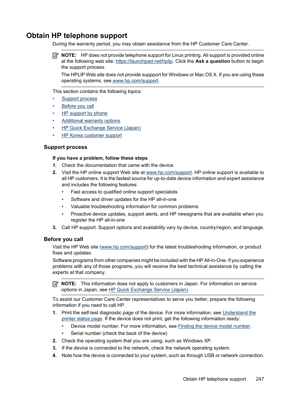 Obtain hp telephone support, Support process, Before you call | HP Officejet 6500 User Manual | Page 251 / 294