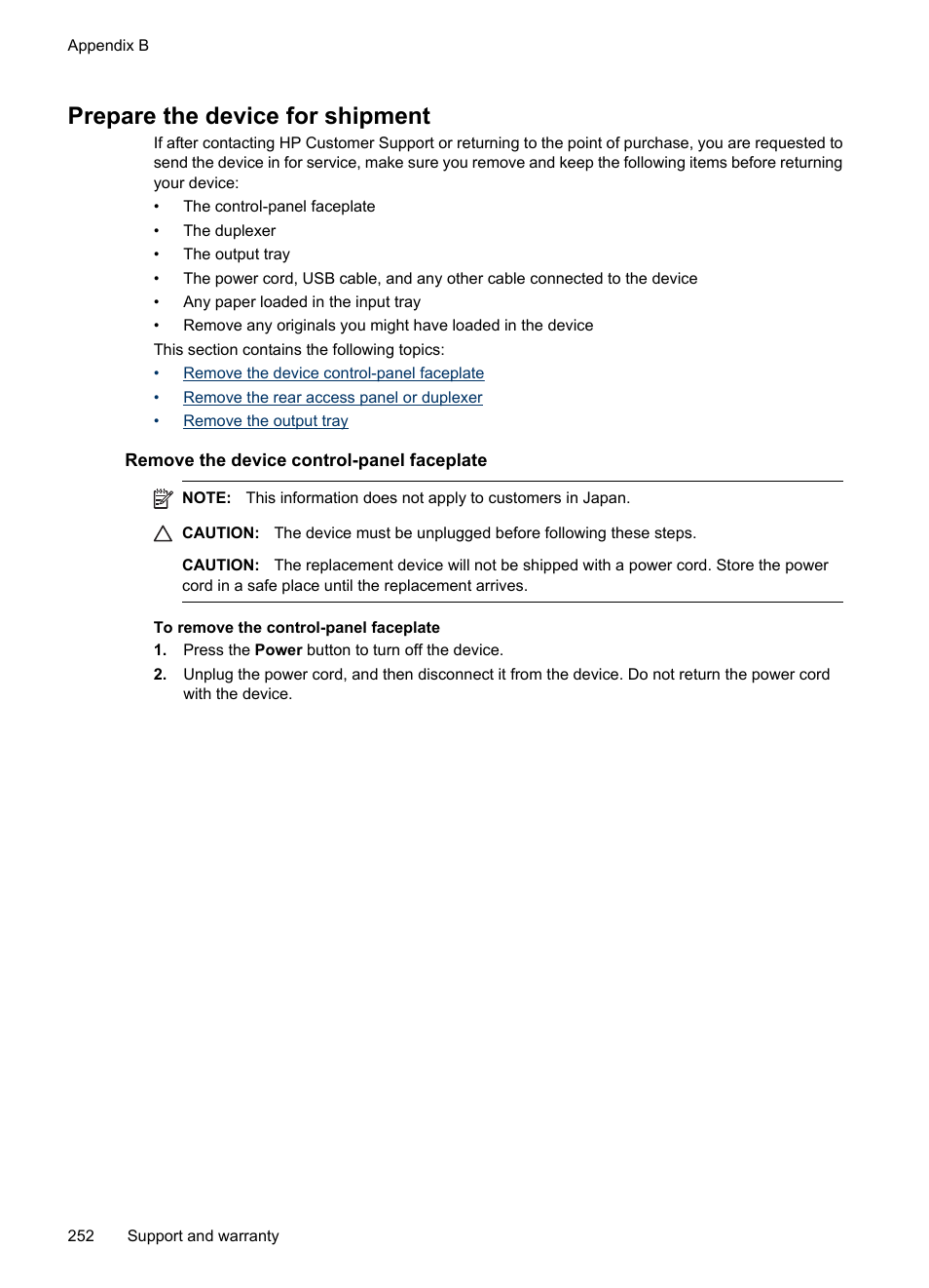 Prepare the device for shipment, Remove the device control-panel faceplate | HP Officejet 6500 User Manual | Page 256 / 294