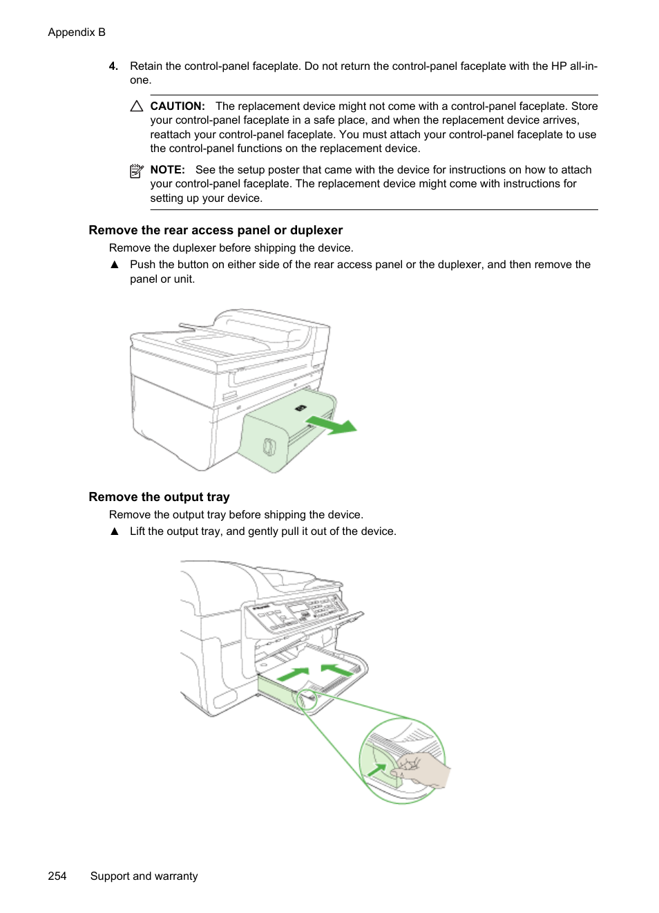 Remove the rear access panel or duplexer, Remove the output tray | HP Officejet 6500 User Manual | Page 258 / 294