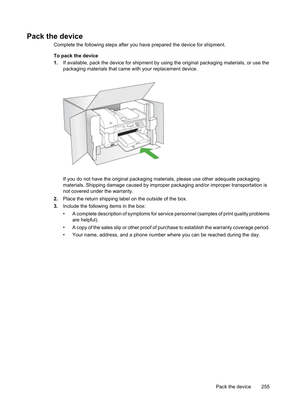 Pack the device | HP Officejet 6500 User Manual | Page 259 / 294