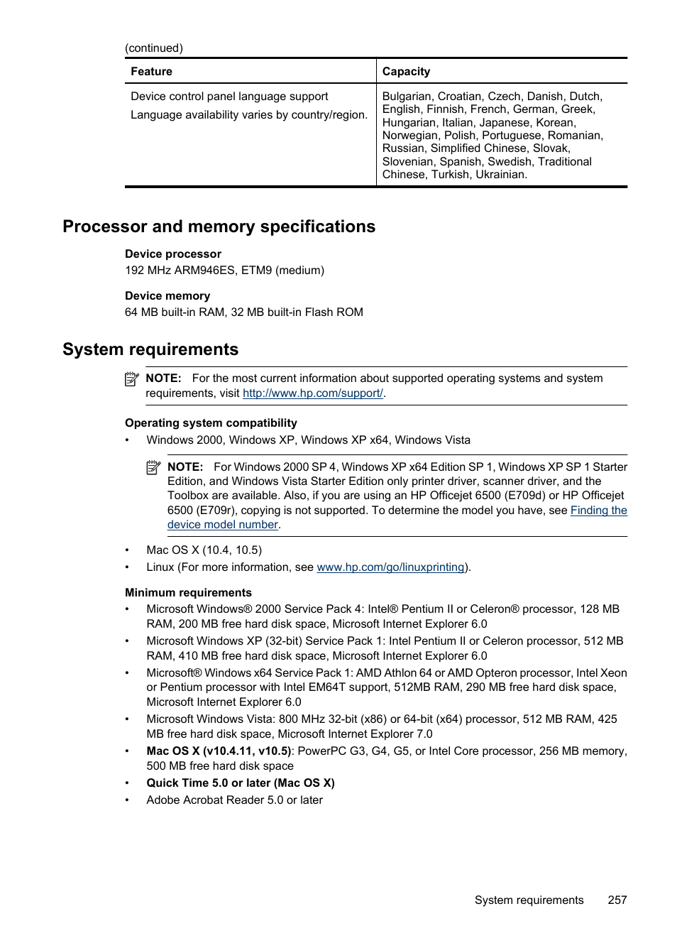 Processor and memory specifications, System requirements, Operating system compatibility | HP Officejet 6500 User Manual | Page 261 / 294