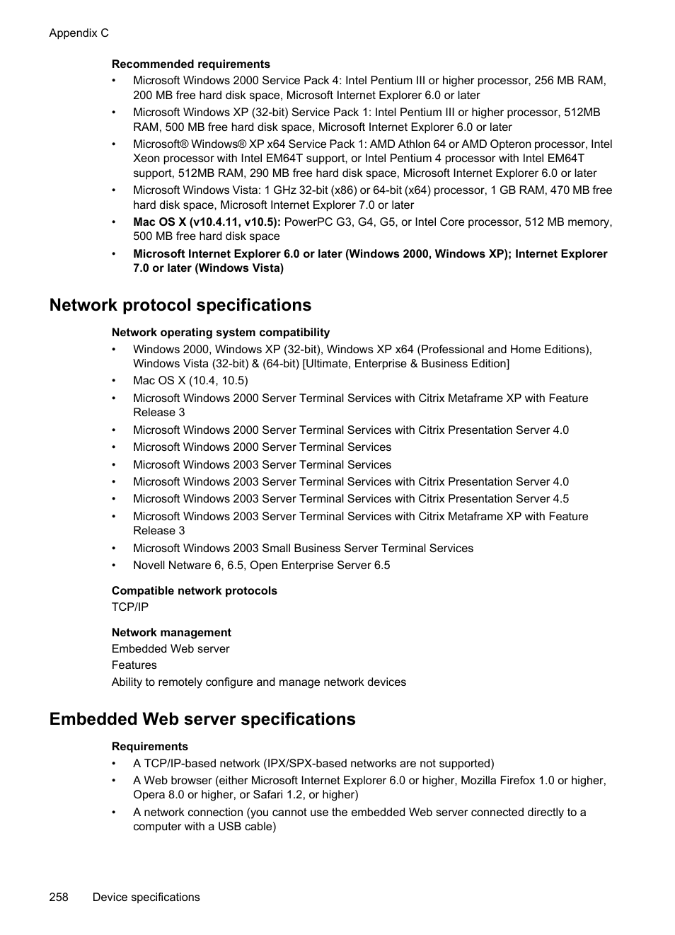 Network protocol specifications, Embedded web server specifications | HP Officejet 6500 User Manual | Page 262 / 294