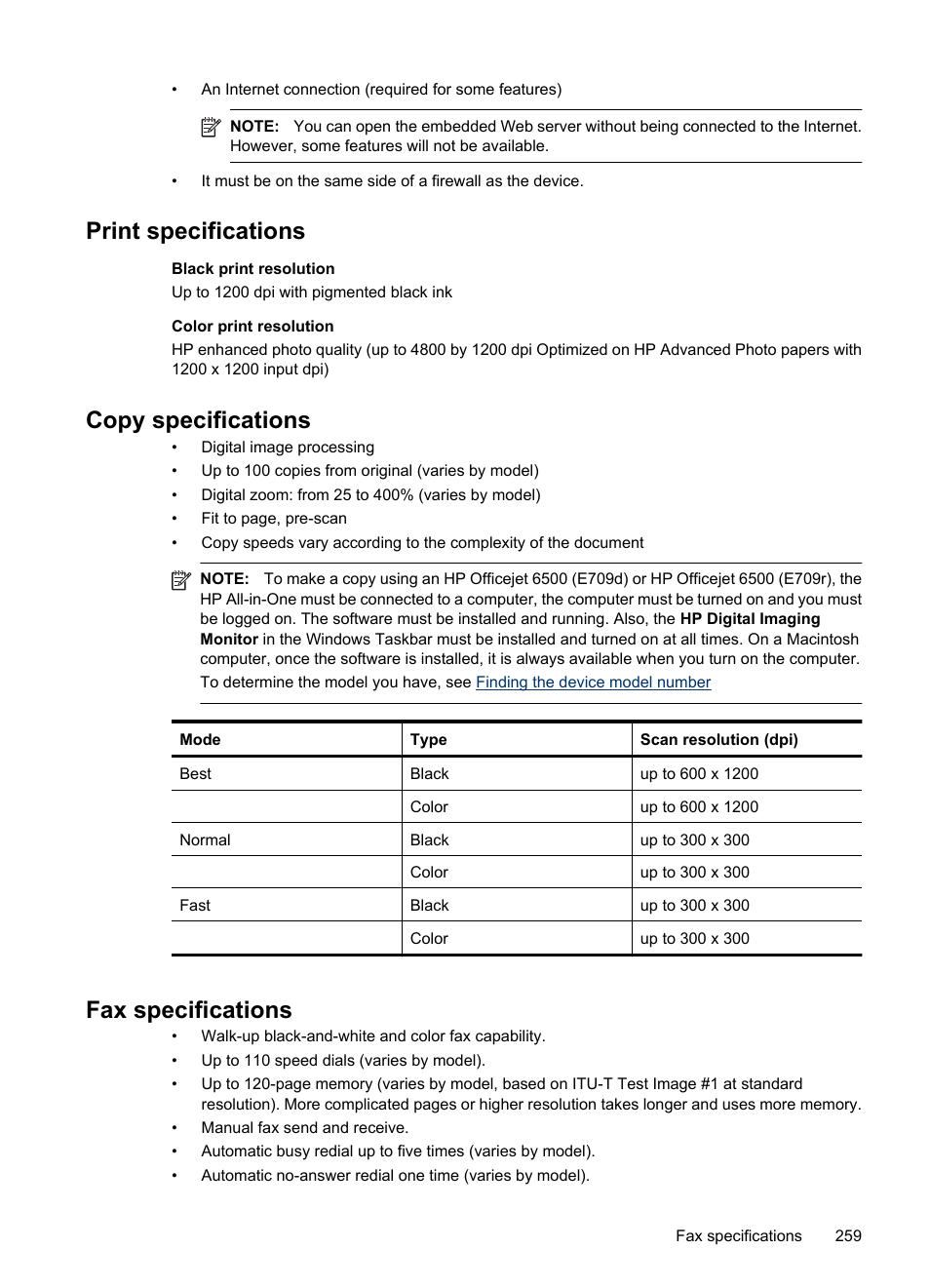 Print specifications, Copy specifications, Fax specifications | HP Officejet 6500 User Manual | Page 263 / 294