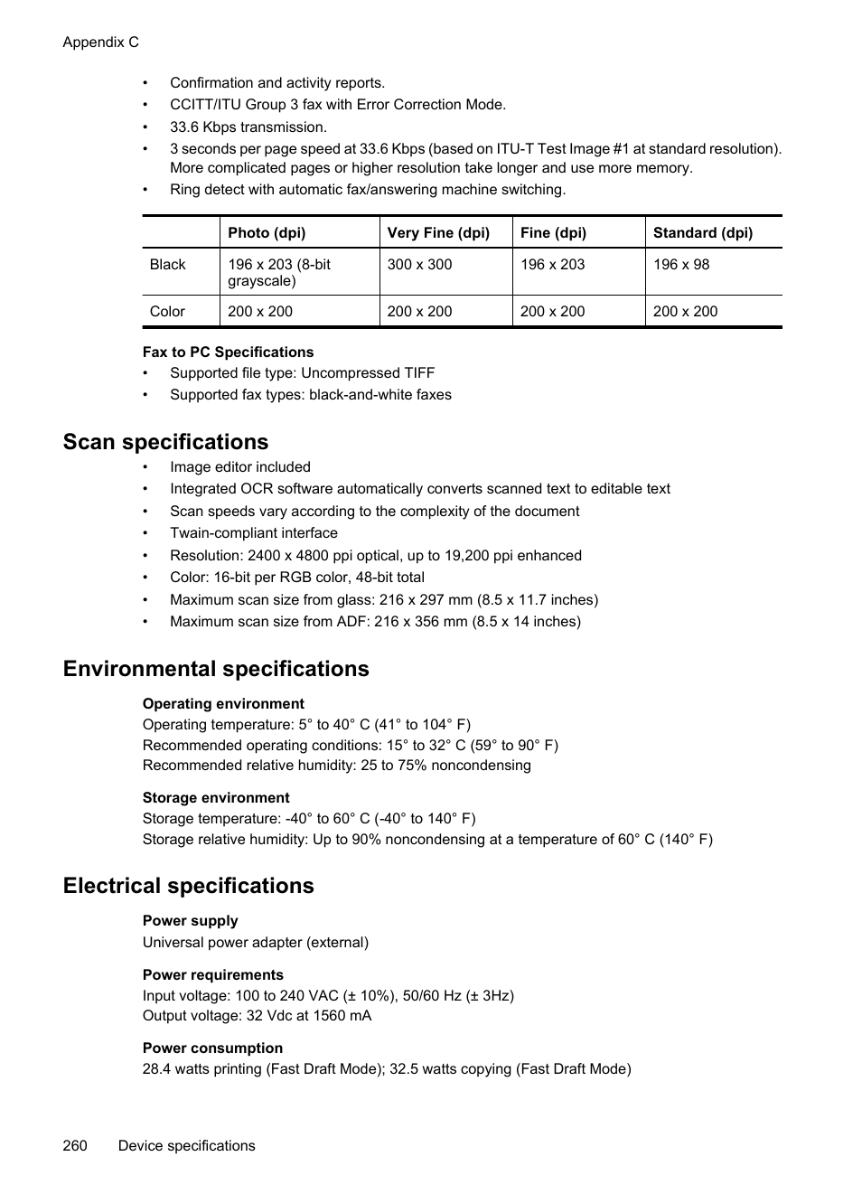 Scan specifications, Environmental specifications, Electrical specifications | Electrical, Specifications | HP Officejet 6500 User Manual | Page 264 / 294