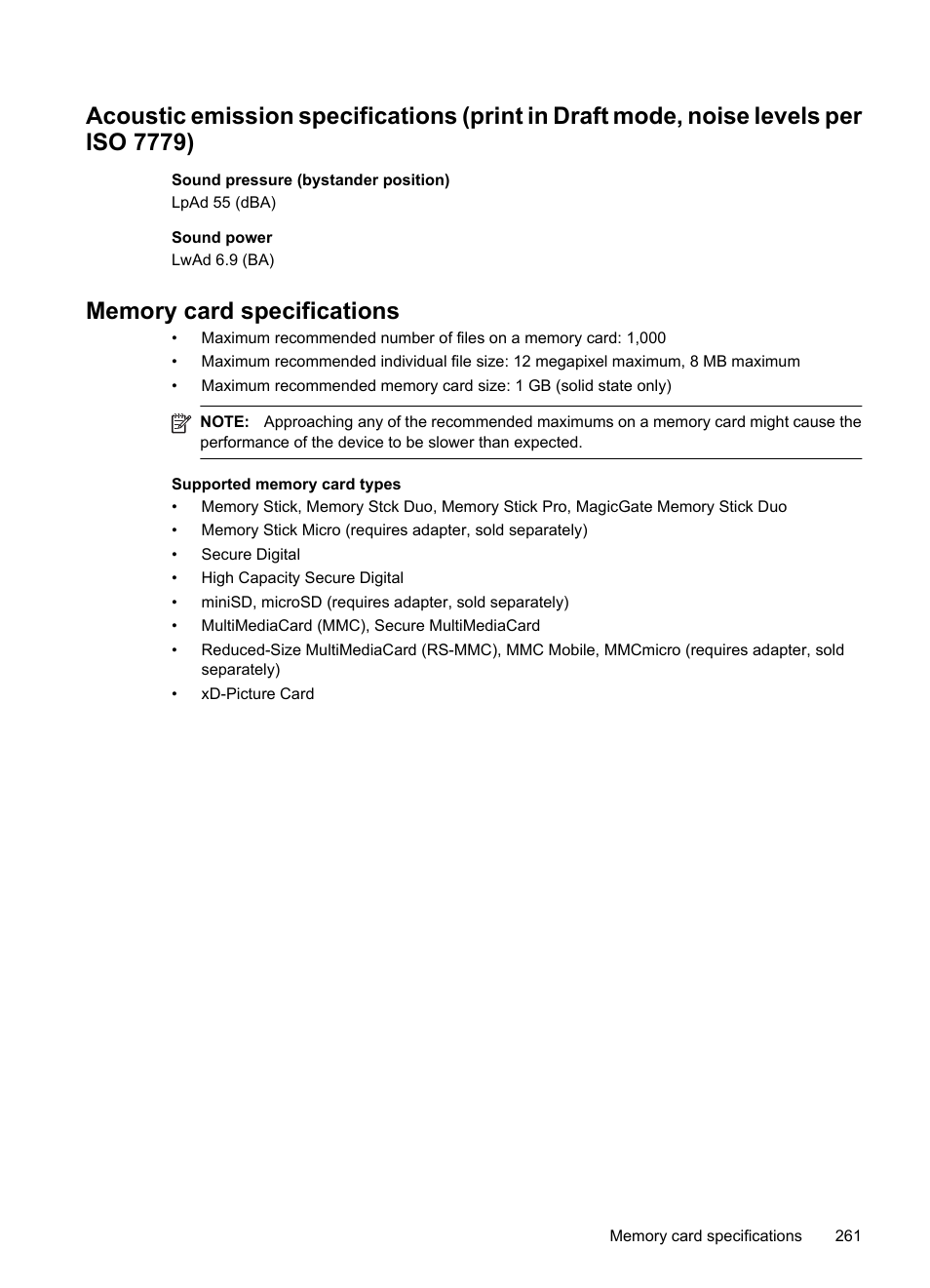 Memory card specifications | HP Officejet 6500 User Manual | Page 265 / 294