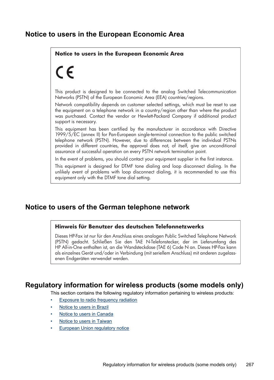 Notice to users in the european economic area, Notice to users of the german telephone network | HP Officejet 6500 User Manual | Page 271 / 294