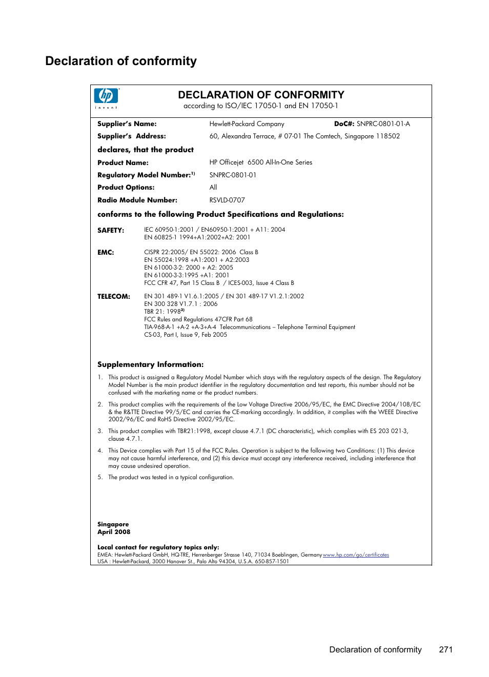 Declaration of conformity, Declaration of conformity 271 | HP Officejet 6500 User Manual | Page 275 / 294