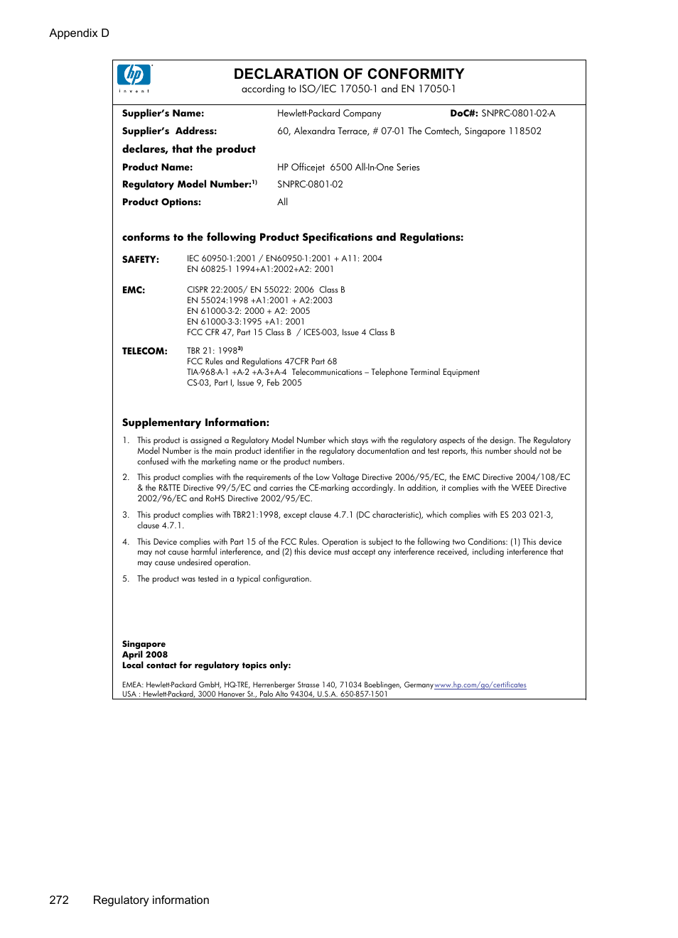 Declaration of conformity, Appendix d 272 regulatory information | HP Officejet 6500 User Manual | Page 276 / 294