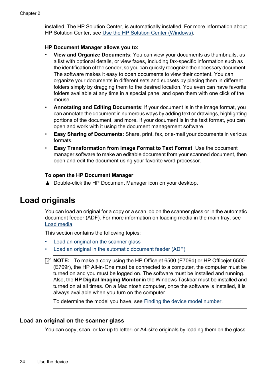 Load originals, Load an original on the scanner glass | HP Officejet 6500 User Manual | Page 28 / 294