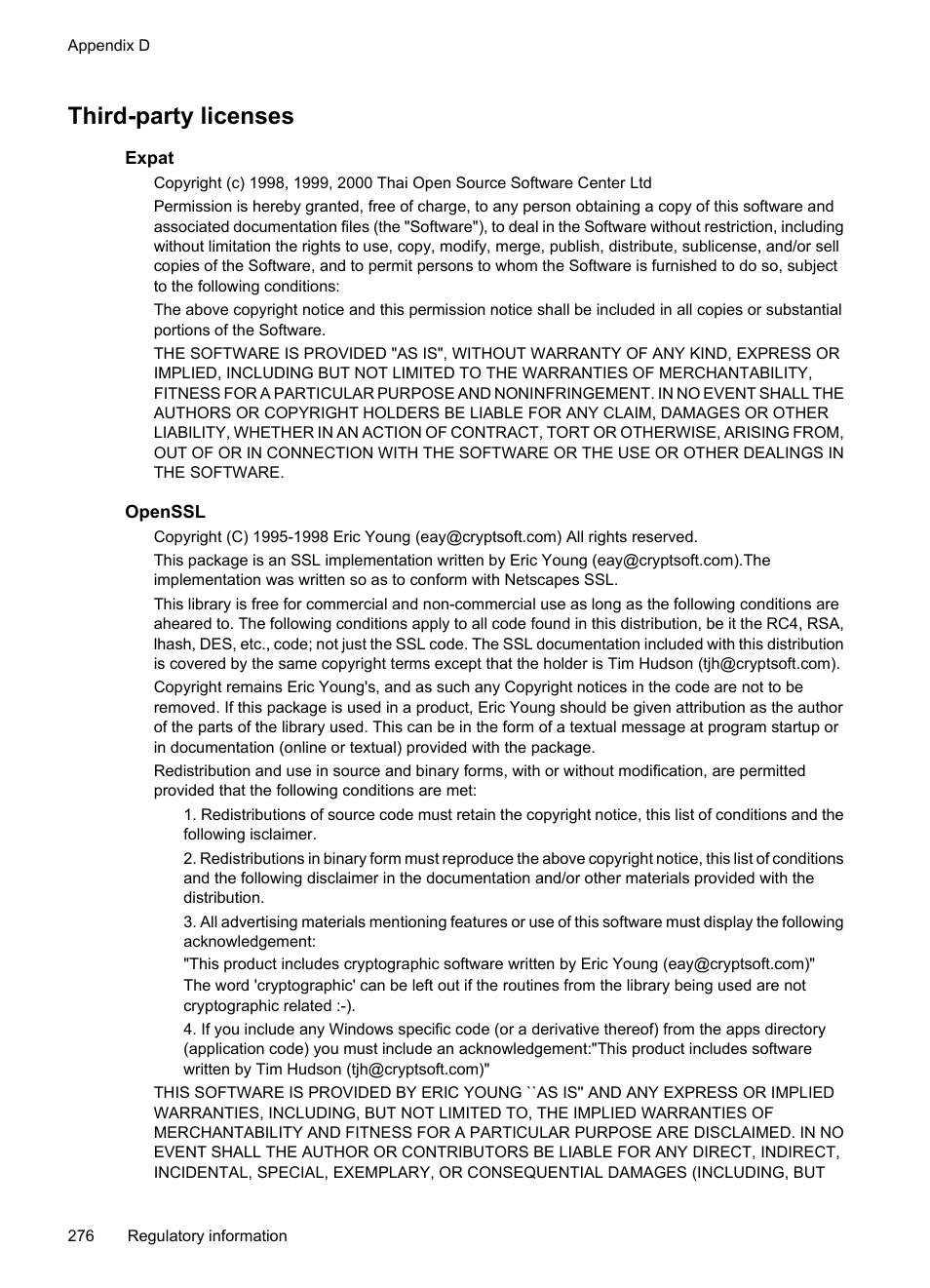 Third-party licenses, Expat, Openssl | Expat openssl sha2 | HP Officejet 6500 User Manual | Page 280 / 294