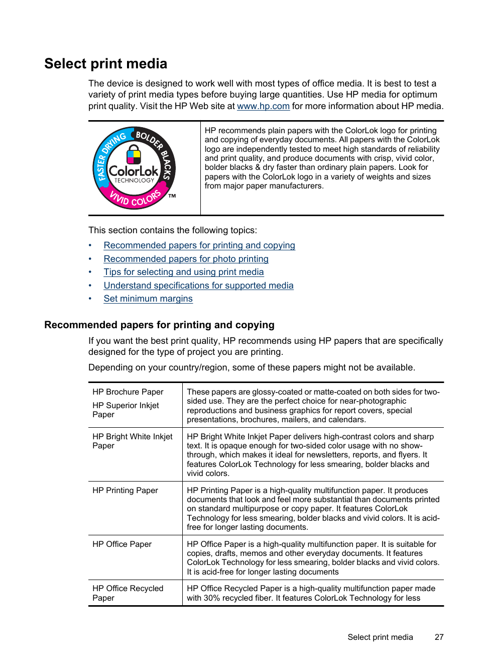 Select print media, Recommended papers for printing and copying, Set minimum margins | HP Officejet 6500 User Manual | Page 31 / 294