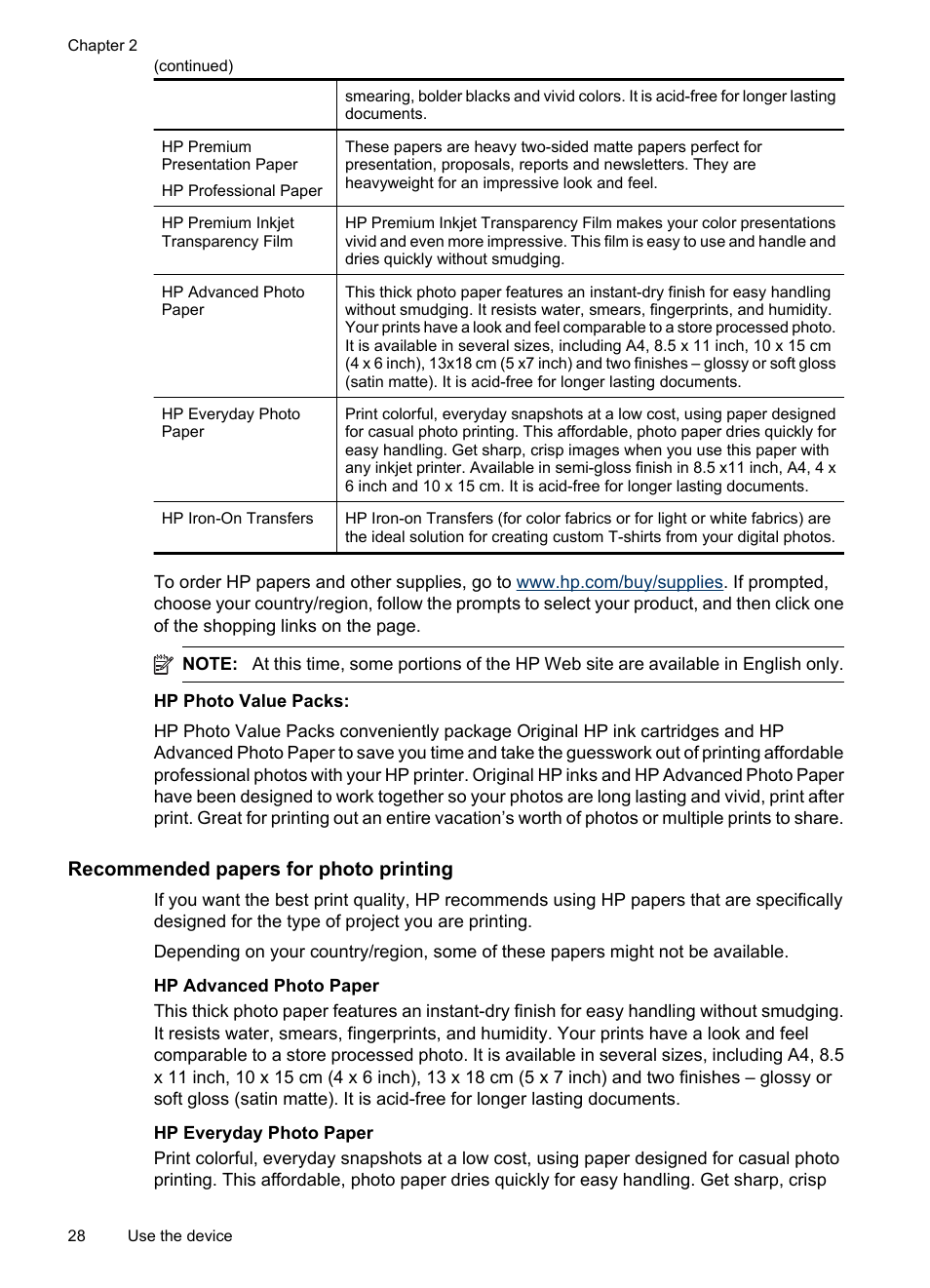 Recommended papers for photo printing | HP Officejet 6500 User Manual | Page 32 / 294