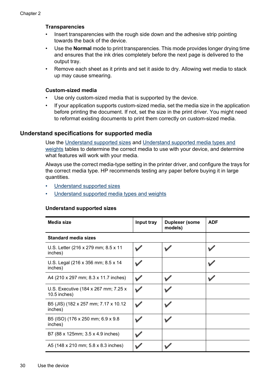 Understand specifications for supported media, Understand supported sizes, Understand specifications for | Supported media | HP Officejet 6500 User Manual | Page 34 / 294