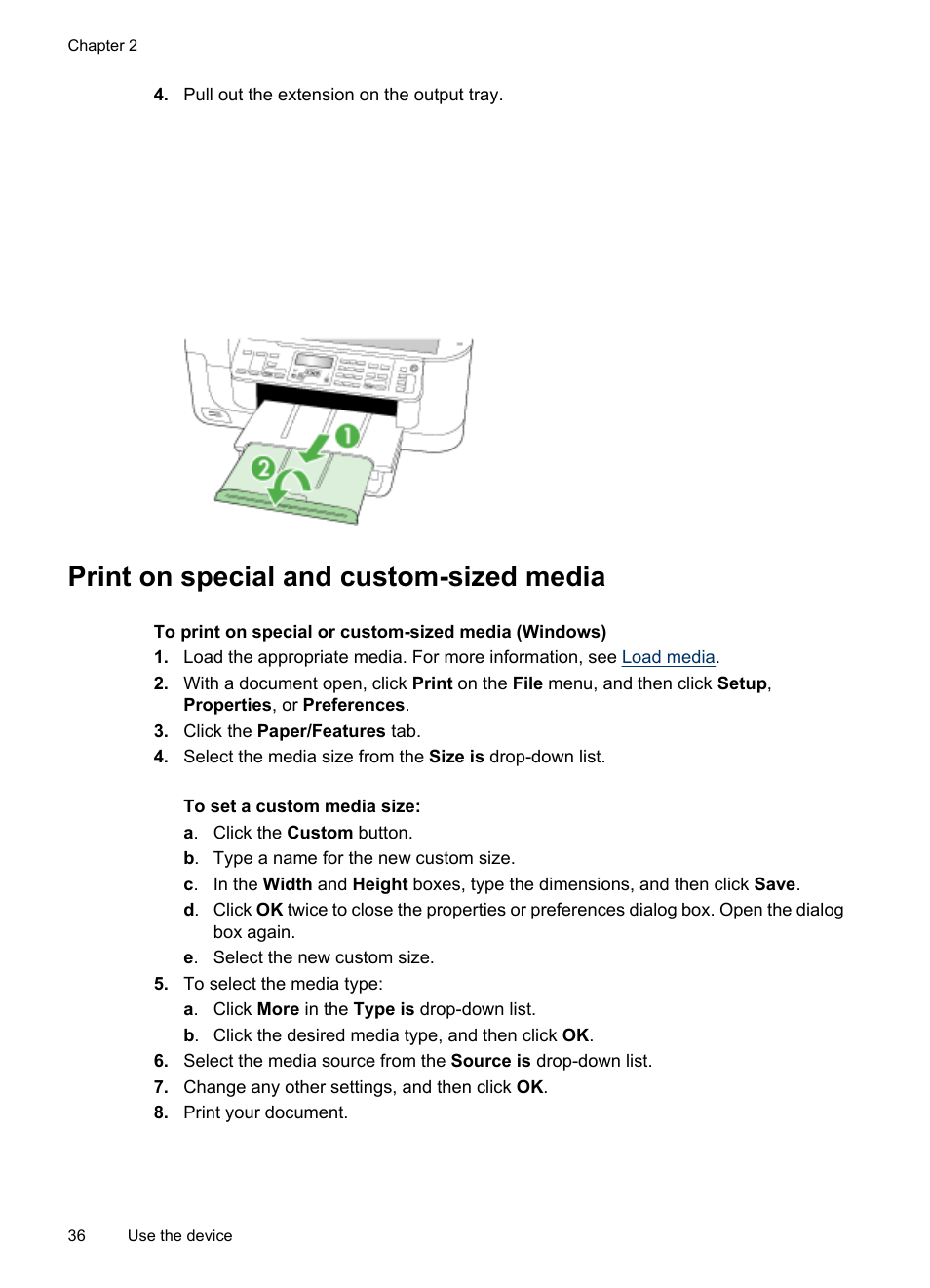 Print on special and custom-sized media | HP Officejet 6500 User Manual | Page 40 / 294