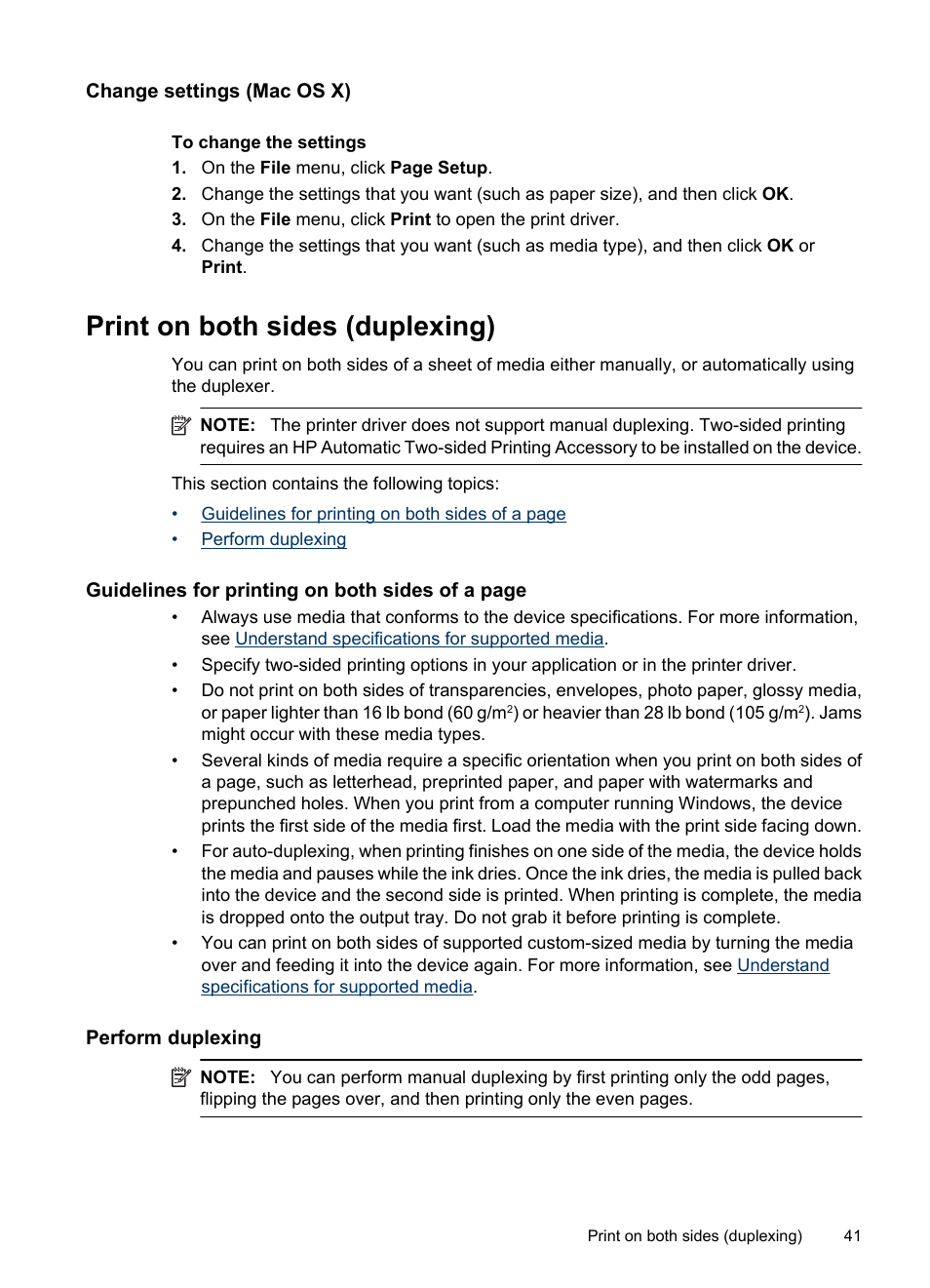 Change settings (mac os x), Print on both sides (duplexing), Perform duplexing | Print, On both sides (duplexing) | HP Officejet 6500 User Manual | Page 45 / 294