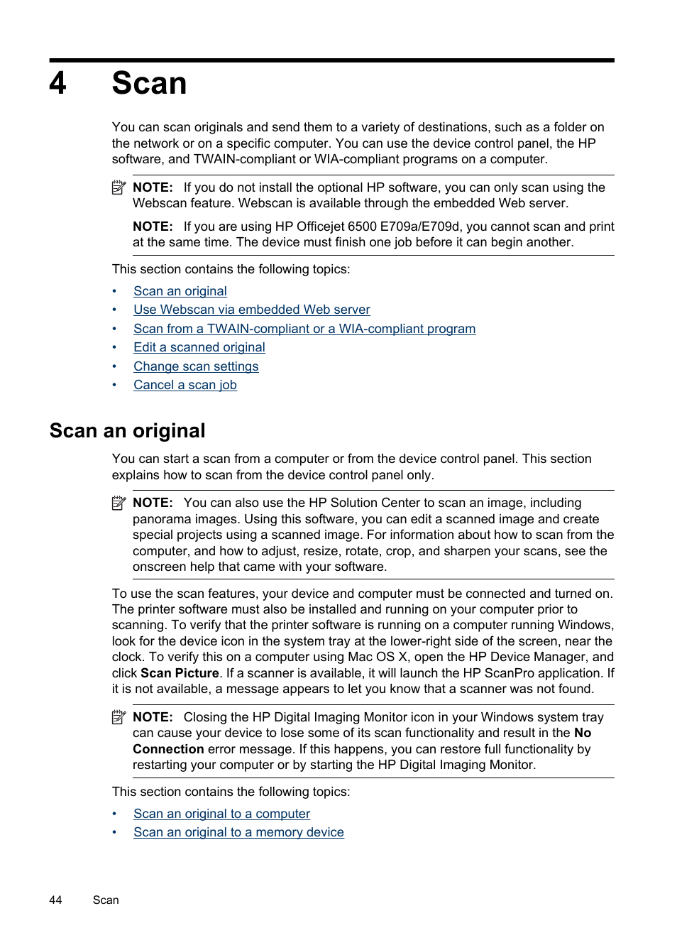 Scan, Scan an original, 4 scan | 4scan | HP Officejet 6500 User Manual | Page 48 / 294