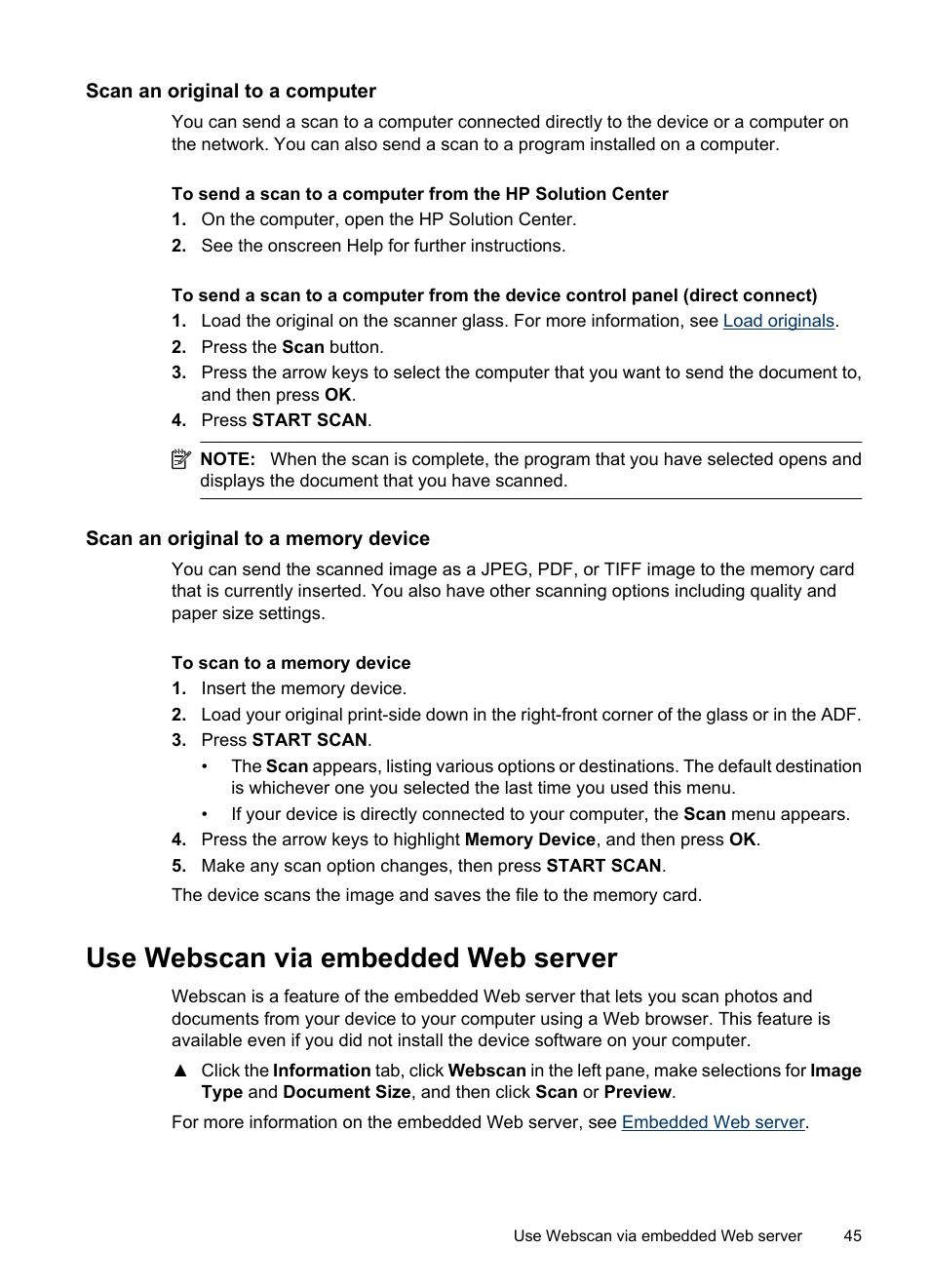 Scan an original to a computer, Scan an original to a memory device, Use webscan via embedded web server | HP Officejet 6500 User Manual | Page 49 / 294