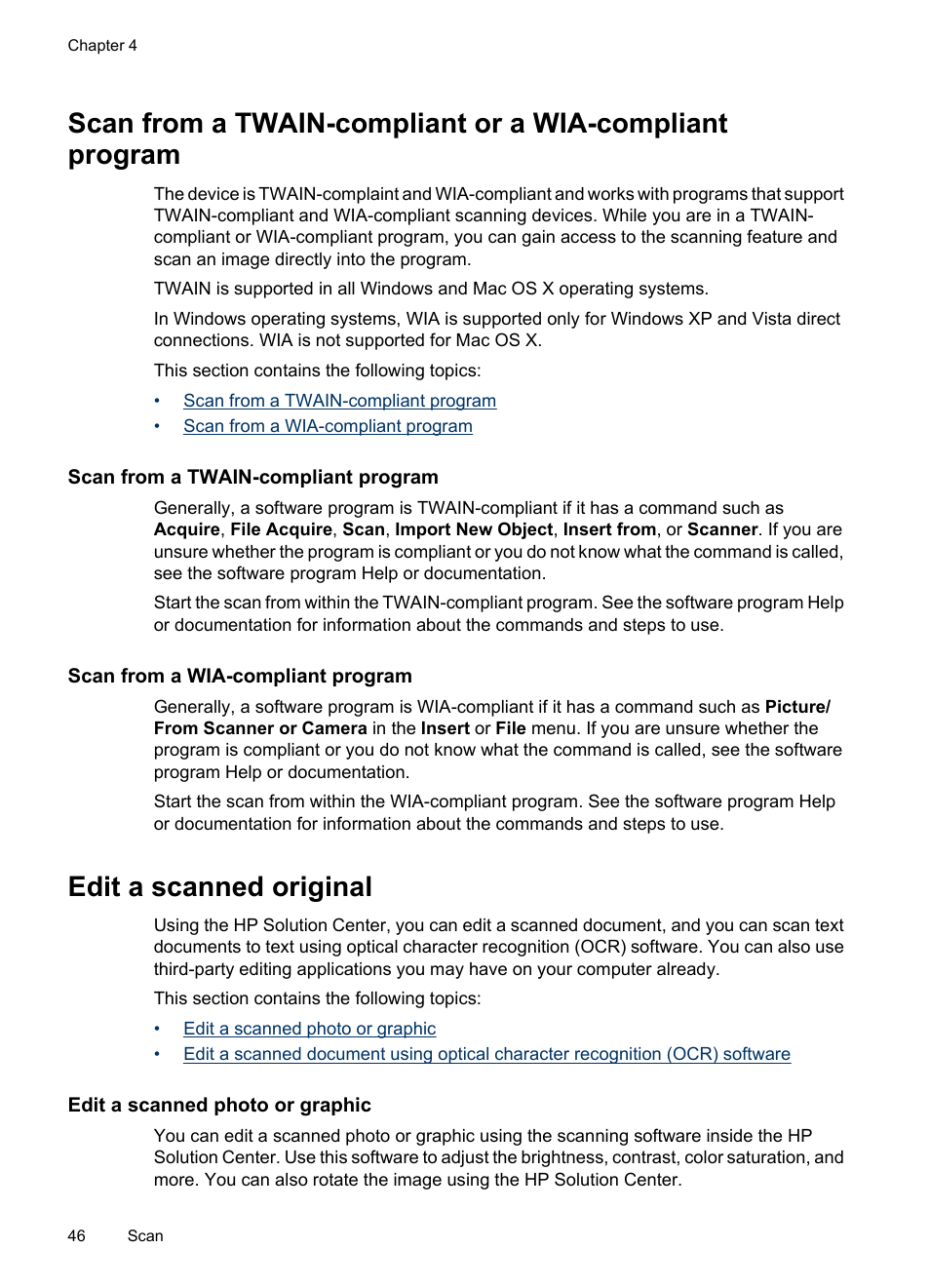 Scan from a twain-compliant program, Scan from a wia-compliant program, Edit a scanned original | Edit a scanned photo or graphic | HP Officejet 6500 User Manual | Page 50 / 294