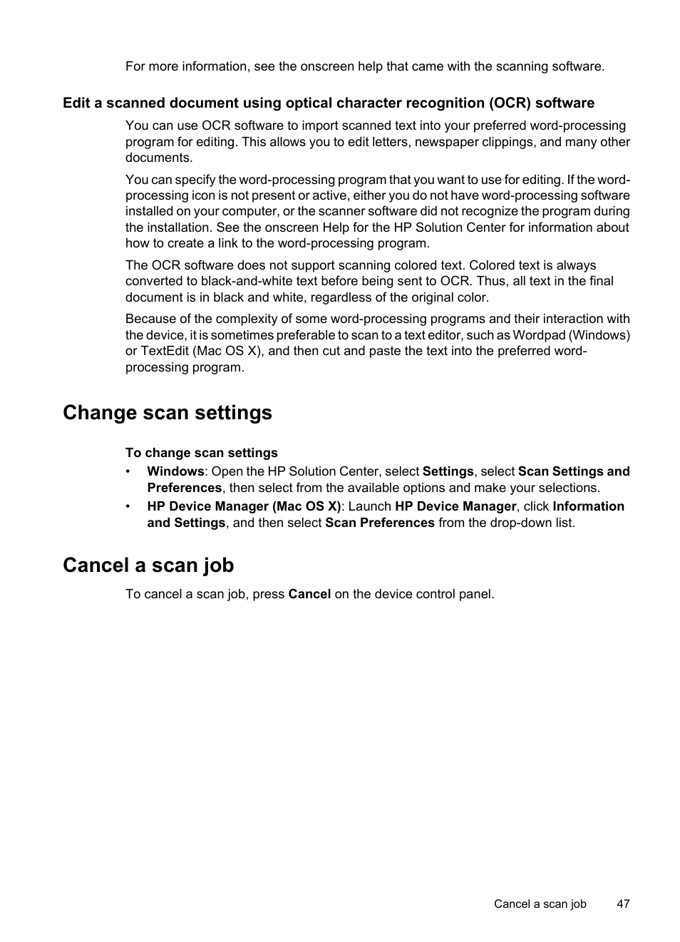 Change scan settings, Cancel a scan job, Change scan settings cancel a scan job | HP Officejet 6500 User Manual | Page 51 / 294