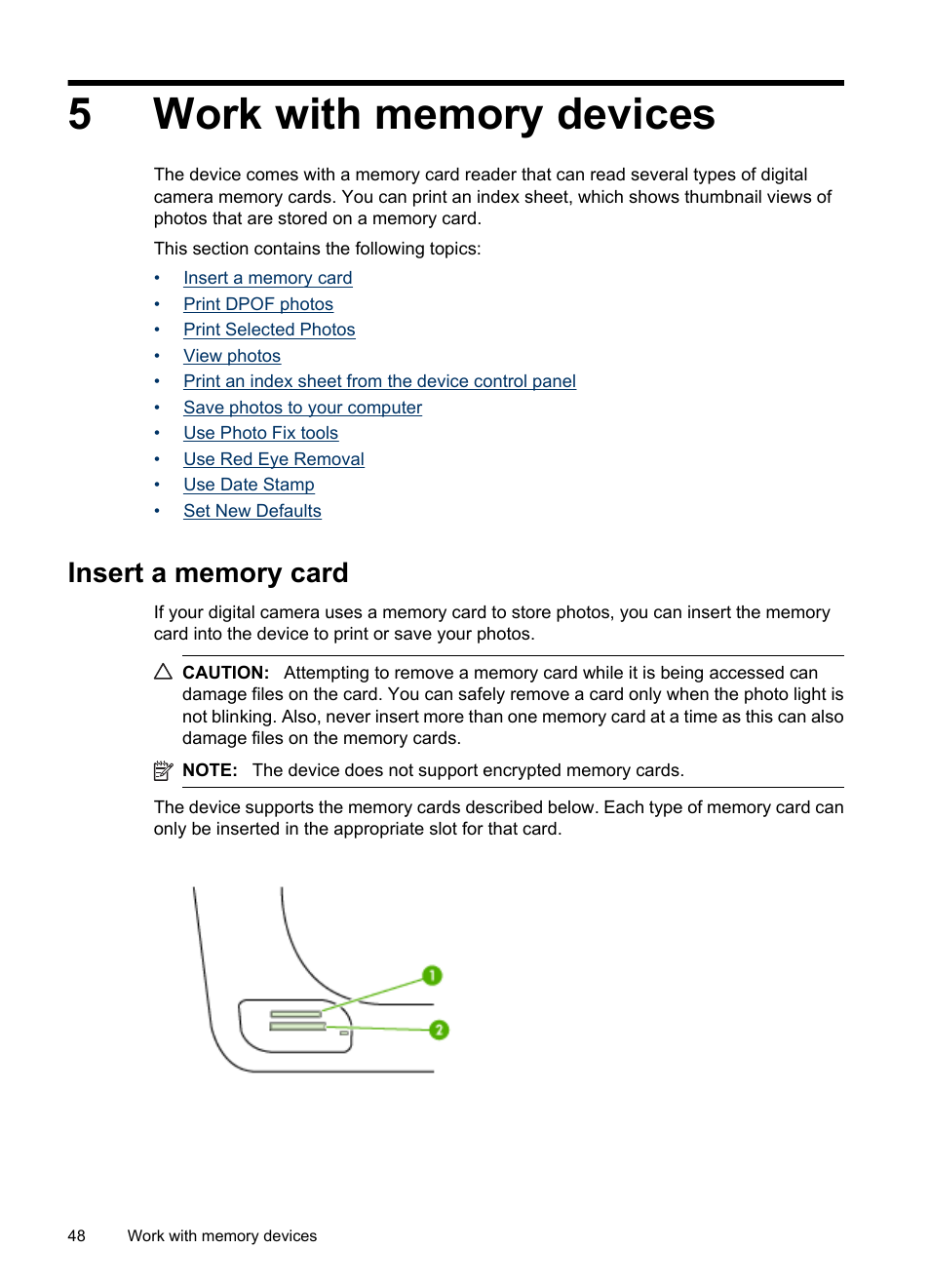 Work with memory devices, Insert a memory card, 5 work with memory devices | HP Officejet 6500 User Manual | Page 52 / 294