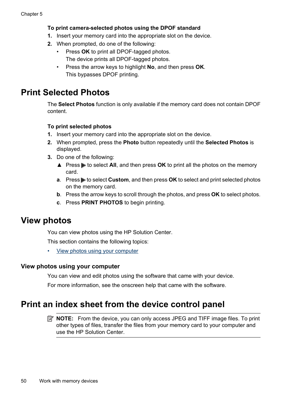 Print selected photos, View photos, View photos using your computer | Print an index sheet from the device control panel, Print selected photos view photos | HP Officejet 6500 User Manual | Page 54 / 294