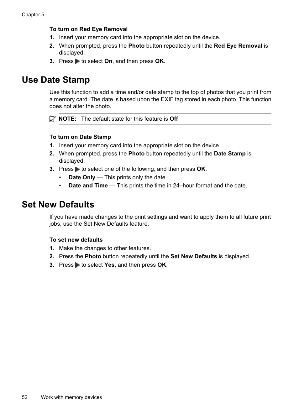 Use date stamp, Set new defaults, Use date stamp set new defaults | HP Officejet 6500 User Manual | Page 56 / 294