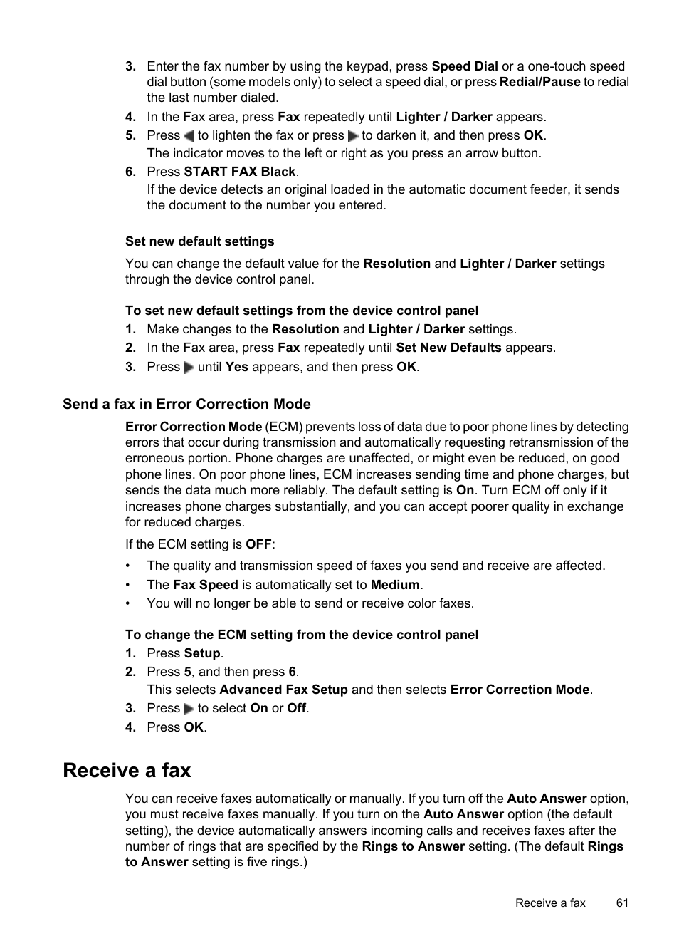 Set new default settings, Send a fax in error correction mode, Receive a fax | HP Officejet 6500 User Manual | Page 65 / 294